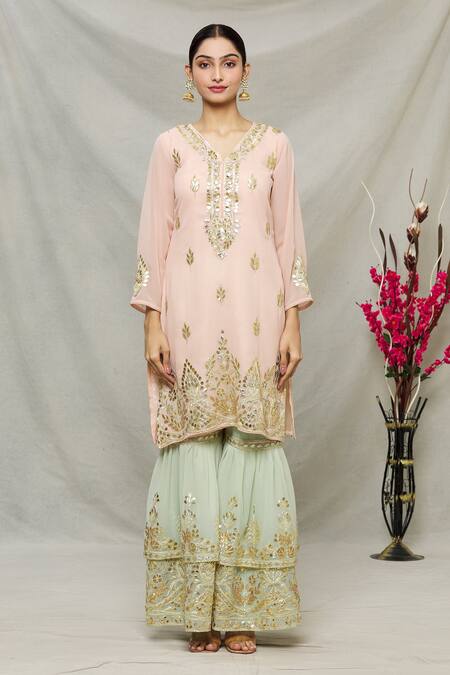 Buy_Abhi Singh_Peach Georgette, Shantoon Leaf V Neck Embroidered Kurta Gharara Set _Online_at_Aza_Fashions