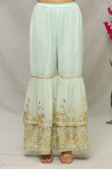 Shop_Abhi Singh_Peach Georgette, Shantoon Leaf V Neck Embroidered Kurta Gharara Set _Online_at_Aza_Fashions