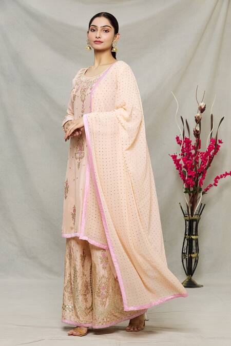 Abhi Singh_Peach Georgette, Shantoon Floral Round Embroidered Kurta Sharara Set _Online_at_Aza_Fashions