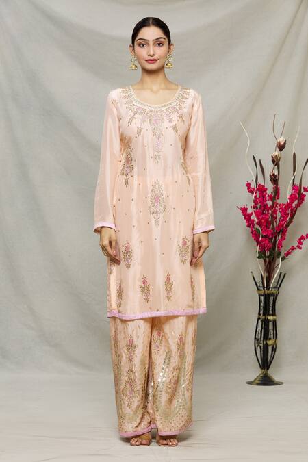 Buy_Abhi Singh_Peach Georgette, Shantoon Floral Round Embroidered Kurta Sharara Set _Online_at_Aza_Fashions