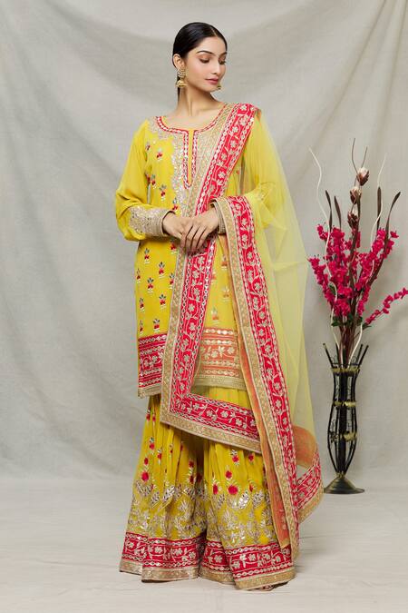 Abhi Singh_Yellow Net, Georgette, Shantoon Floral Zardozi Embroidered Kurta Gharara Set _Online_at_Aza_Fashions