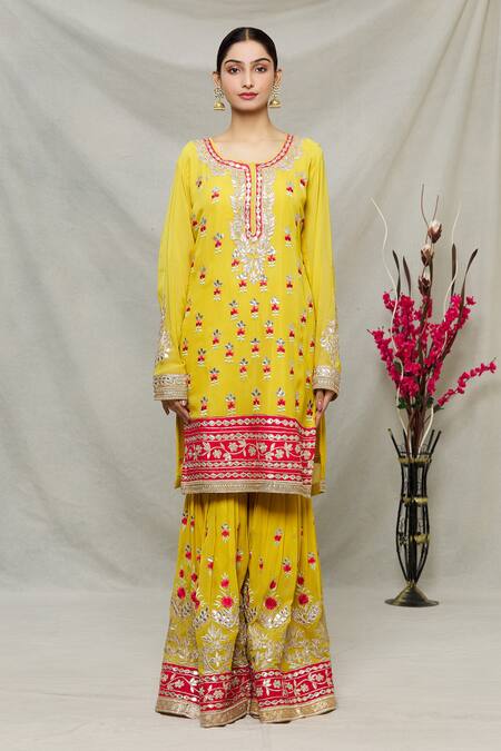 Buy_Abhi Singh_Yellow Net, Georgette, Shantoon Floral Zardozi Embroidered Kurta Gharara Set _Online_at_Aza_Fashions