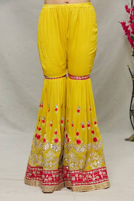 Shop_Abhi Singh_Yellow Net, Georgette, Shantoon Floral Zardozi Embroidered Kurta Gharara Set _Online_at_Aza_Fashions