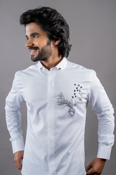 Shop Hilo Design White Cotton Satin Reindeer Bianco Shirt at Aza Fashions Shop_Hilo Design_White Cotton Satin Reindeer Bianco Shirt _at_Aza_Fashions