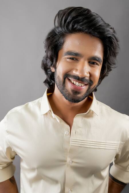 Shop Hilo Design Beige Cotton Satin Plain Pintuck Shirt at Aza Fashions Shop_Hilo Design_Beige Cotton Satin Plain Pintuck Shirt_at_Aza_Fashions