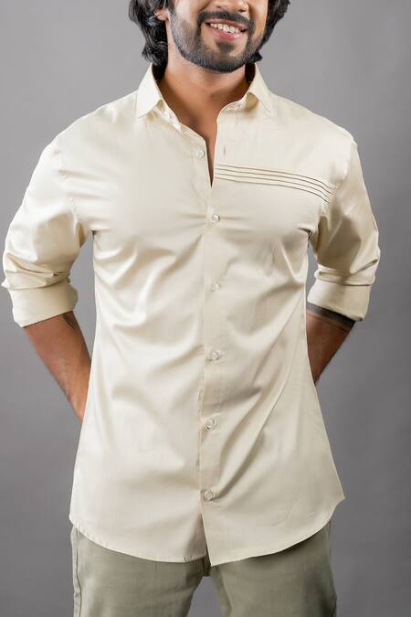 Hilo Design Beige Cotton Satin Plain Pintuck Shirt Online at Aza Fashions Hilo Design_Beige Cotton Satin Plain Pintuck Shirt_Online_at_Aza_Fashions
