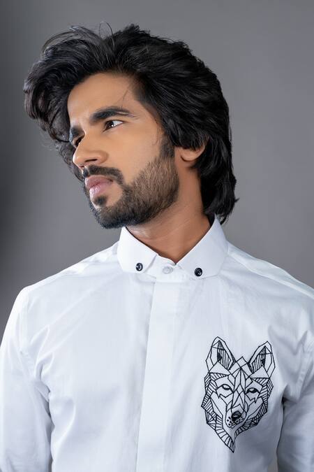 Hilo Design_White Cotton Satin Embroidery Wolf Shirt_Online_at_Aza_Fashions