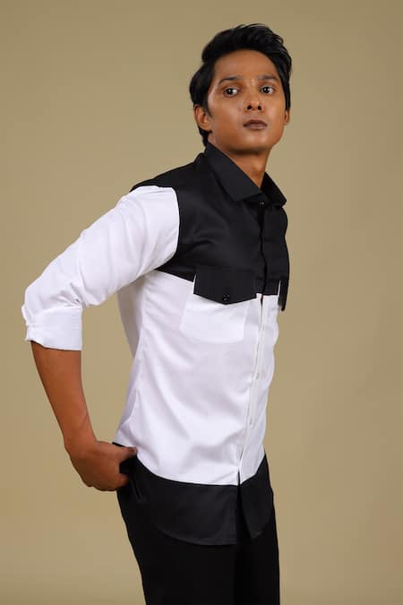 Hilo Design_White Cotton Satin Colorblock Shirt_Online_at_Aza_Fashions