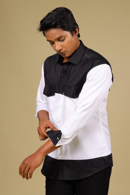 Buy_Hilo Design_White Cotton Satin Colorblock Shirt_Online_at_Aza_Fashions