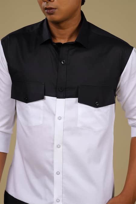 Shop_Hilo Design_White Cotton Satin Colorblock Shirt_Online_at_Aza_Fashions