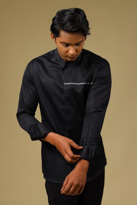 Shop_Hilo Design_Black Cotton Satin Geometric Shirt _at_Aza_Fashions