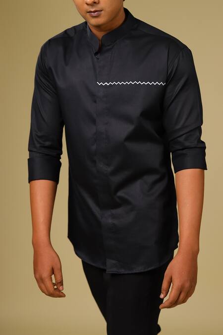 Buy_Hilo Design_Black Cotton Satin Geometric Shirt _Online_at_Aza_Fashions