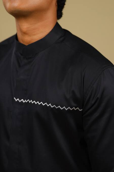Shop_Hilo Design_Black Cotton Satin Geometric Shirt _Online_at_Aza_Fashions
