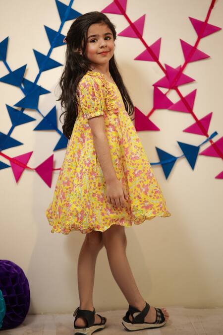 Tiny Colour Yellow Muslin Marigold Block Print Dress Online at Aza Fashions Tiny Colour_Yellow Muslin Marigold Block Print Dress _Online_at_Aza_Fashions