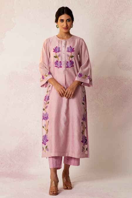 Buy_Shivani Bhargava_Purple Dupatta Chanderi, Kurta Handwoven Chanderi, Pant Cotton Bahaar Set _Online_at_Aza_Fashions