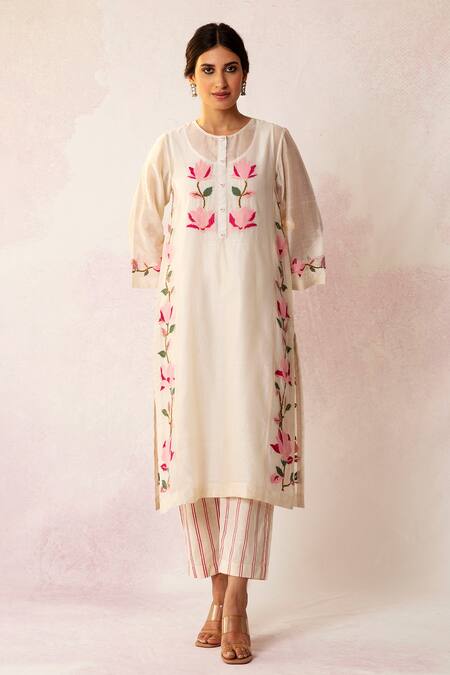 Shivani Bhargava_White Cotton Stripe Bahaar Pattern Straight Pant_Online_at_Aza_Fashions