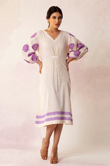 Shivani Bhargava White Linen Cotton Printed Floral V Neck Bahaar Dress 