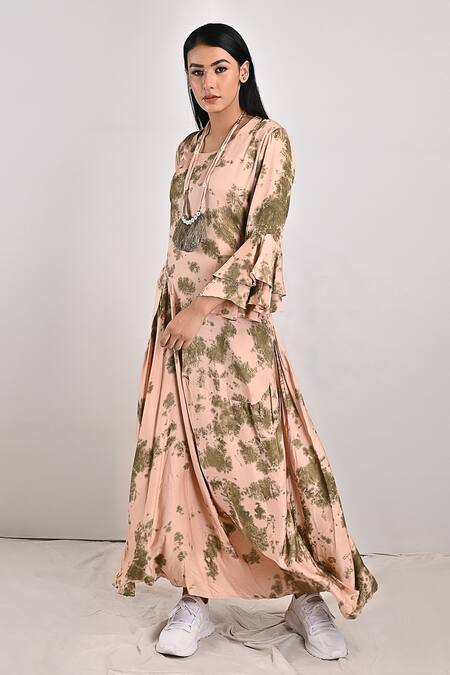 Bohame_Beige Modal Tie And Dye Round Florence & Print Dress_Online_at_Aza_Fashions
