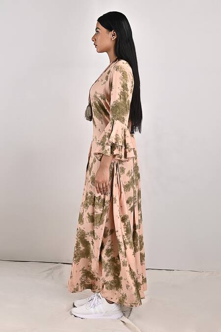 Shop_Bohame_Beige Modal Tie And Dye Round Florence & Print Dress_Online_at_Aza_Fashions