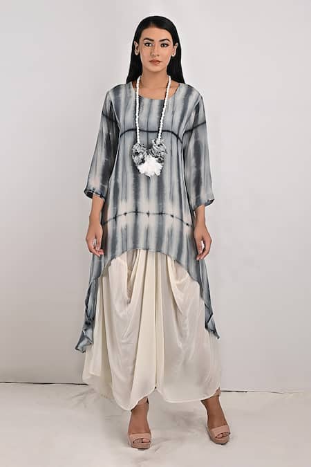 Bohame_Grey Crepe Tie And Dye Round Amelia & Print Layered Dress_Online_at_Aza_Fashions