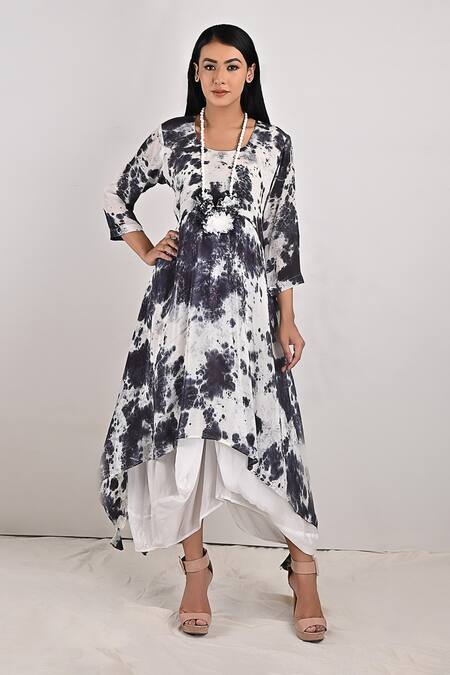 Bohame_White Crepe Tie And Dye Round Harriet & Print Layered Dress_Online_at_Aza_Fashions