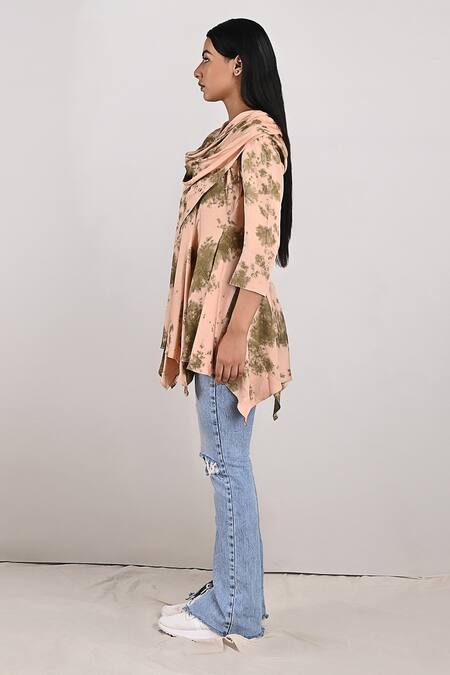 Bohame_Beige Modal Tie And Dye Cowl Neck Lona & Print Frill Top_Online_at_Aza_Fashions