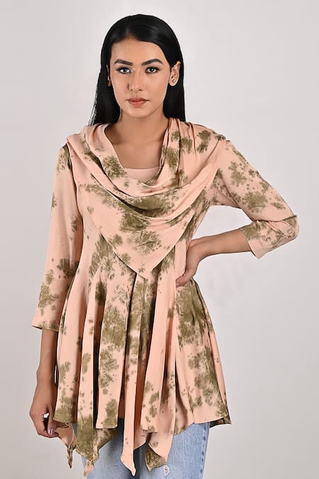 Buy_Bohame_Beige Modal Tie And Dye Cowl Neck Lona & Print Frill Top_Online_at_Aza_Fashions