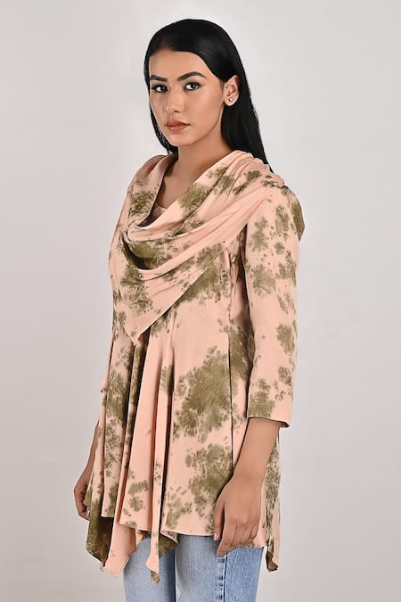 Shop_Bohame_Beige Modal Tie And Dye Cowl Neck Lona & Print Frill Top_Online_at_Aza_Fashions