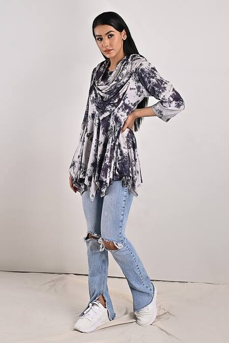 Bohame_Grey Modal Tie And Dye Cowl Neck Layla & Print Frill Top_Online_at_Aza_Fashions