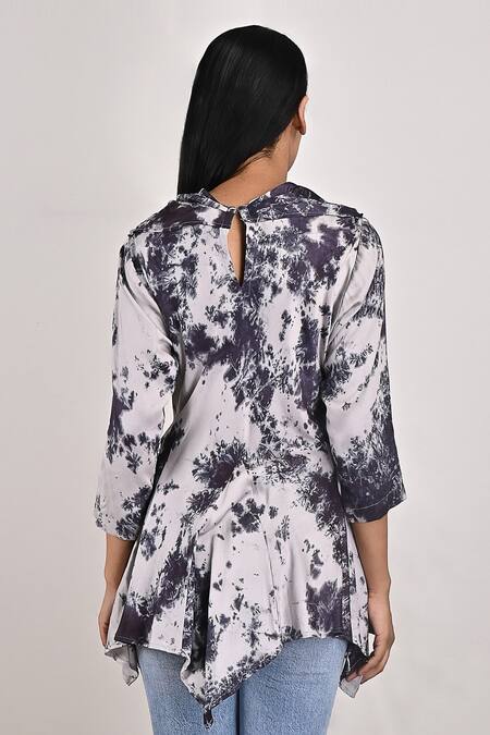 Bohame_Grey Modal Tie And Dye Cowl Neck Layla & Print Frill Top_at_Aza_Fashions