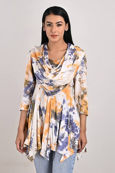 Bohame Beige Modal Tie And Dye Cowl Neck Maisie & Print Top Online at Aza Fashions Bohame_Beige Modal Tie And Dye Cowl Neck Maisie & Print Top_Online_at_Aza_Fashions