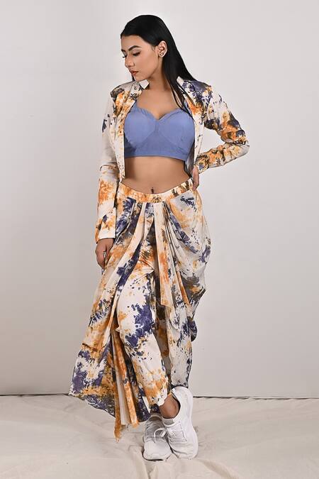 Bohame_Beige Crepe Tie And Dye Jacket Open Jemina & Draped Pant Set _Online_at_Aza_Fashions