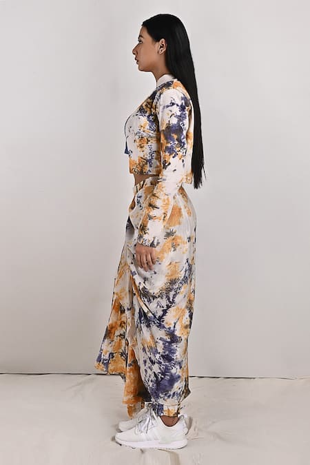 Shop_Bohame_Beige Crepe Tie And Dye Jacket Open Jemina & Draped Pant Set _Online_at_Aza_Fashions