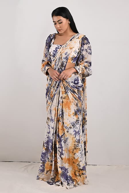 Bohame_Beige Crepe Tie And Dye Square Neck Irina & Pre-draped Saree Set _Online_at_Aza_Fashions