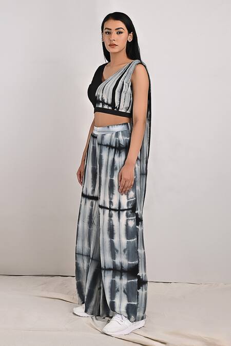 Bohame_Black Crepe Tie And Dye V Neck Alafia Draped Top & Pant Set _Online_at_Aza_Fashions