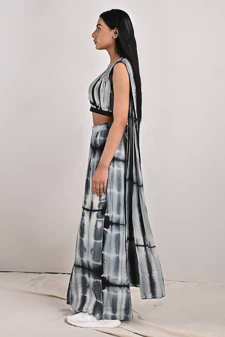 Buy_Bohame_Black Crepe Tie And Dye V Neck Alafia Draped Top & Pant Set _Online_at_Aza_Fashions