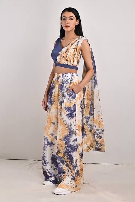 Buy_Bohame_Beige Crepe Tie And Dye V Neck Alafia & Top & Pant Set _Online_at_Aza_Fashions