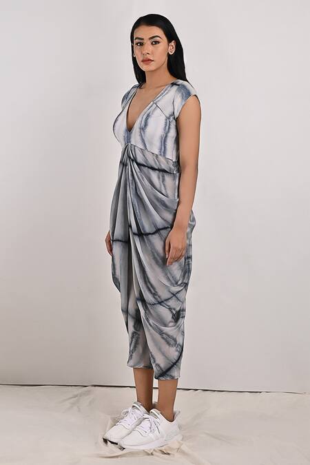 Bohame_Grey Crepe Tie And Dye V Neck Diana & Jumpsuit_Online_at_Aza_Fashions