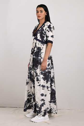 Bohame_White Crepe Tie And Dye V Neck Tamsin & Print Dress_Online_at_Aza_Fashions