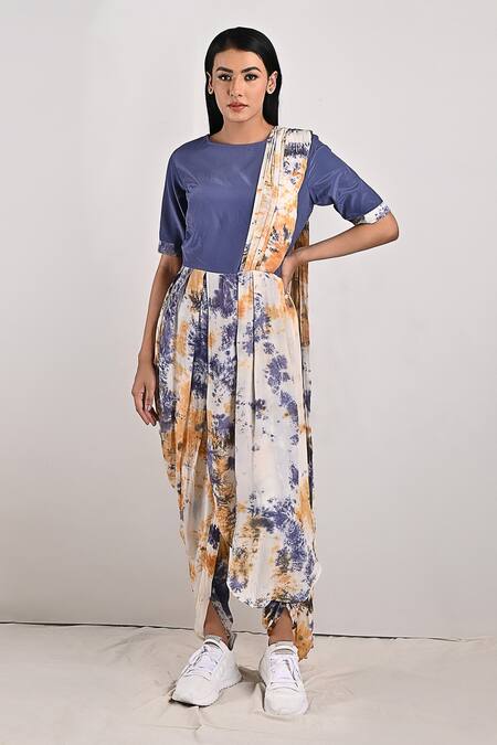 Bohame_Beige Crepe Tie And Dye Round Adeline & Print Jumpsuit Saree_Online_at_Aza_Fashions