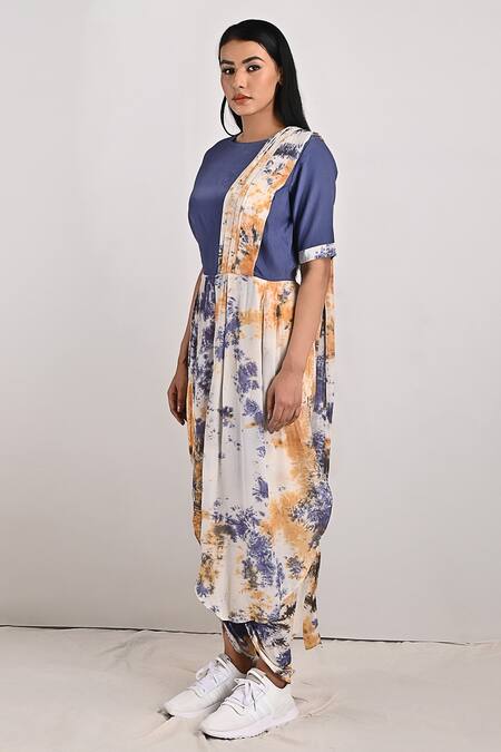 Buy_Bohame_Beige Crepe Tie And Dye Round Adeline & Print Jumpsuit Saree_Online_at_Aza_Fashions