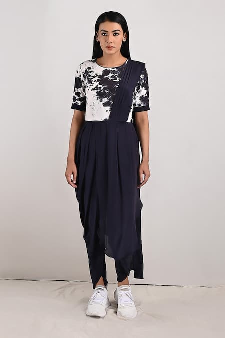 Bohame_Black Crepe Tie And Dye Round Bryce & Print Jumpsuit Saree_Online_at_Aza_Fashions