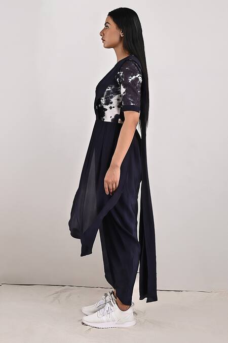 Bohame_Black Crepe Tie And Dye Round Bryce & Print Jumpsuit Saree_at_Aza_Fashions