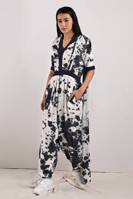 Bohame_White Crepe Tie And Dye V Neck Dylan & Print Jumpsuit Saree_Online_at_Aza_Fashions