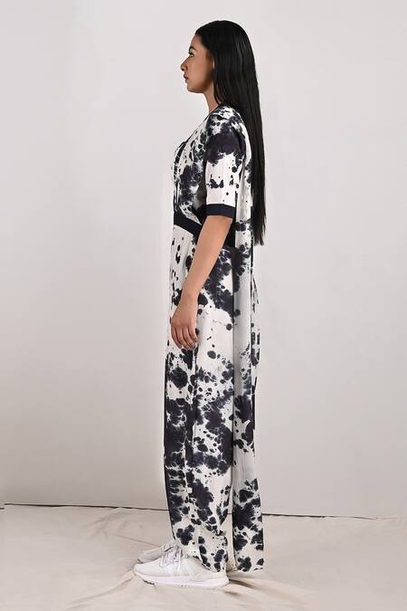 Shop_Bohame_White Crepe Tie And Dye V Neck Dylan & Print Jumpsuit Saree_Online_at_Aza_Fashions