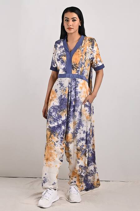 Bohame_Beige Crepe Tie And Dye V Neck Nora & Print Jumpsuit Saree_Online_at_Aza_Fashions