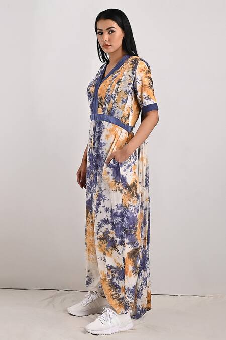 Buy_Bohame_Beige Crepe Tie And Dye V Neck Nora & Print Jumpsuit Saree_Online_at_Aza_Fashions