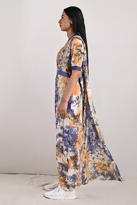 Shop_Bohame_Beige Crepe Tie And Dye V Neck Nora & Print Jumpsuit Saree_Online_at_Aza_Fashions