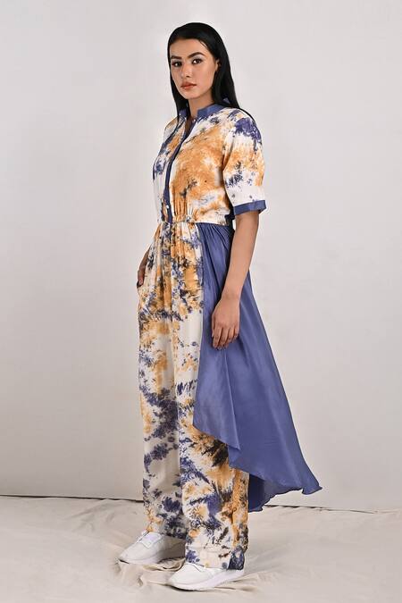 Bohame_Beige Crepe Tie And Dye Mandarin Collar Sandra & Print Jumpsuit_Online_at_Aza_Fashions