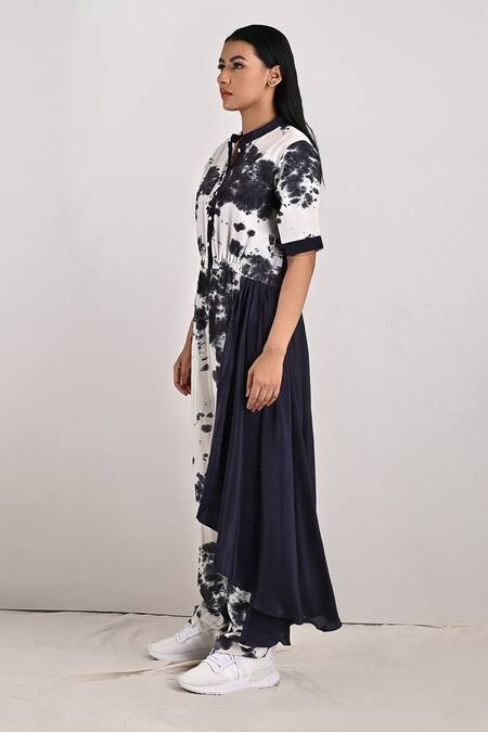Bohame_White Crepe Tie And Dye Mandarin Collar Tracy & Print Jumpsuit_Online_at_Aza_Fashions
